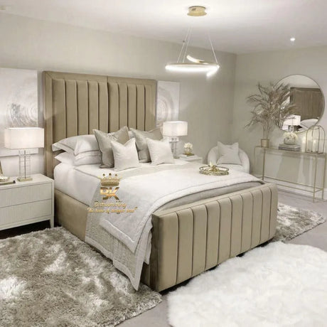 Tall headboard bed frame with high base in mink plush velvet 