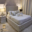 Chesterfield bed frame with high headboard in cream chenille