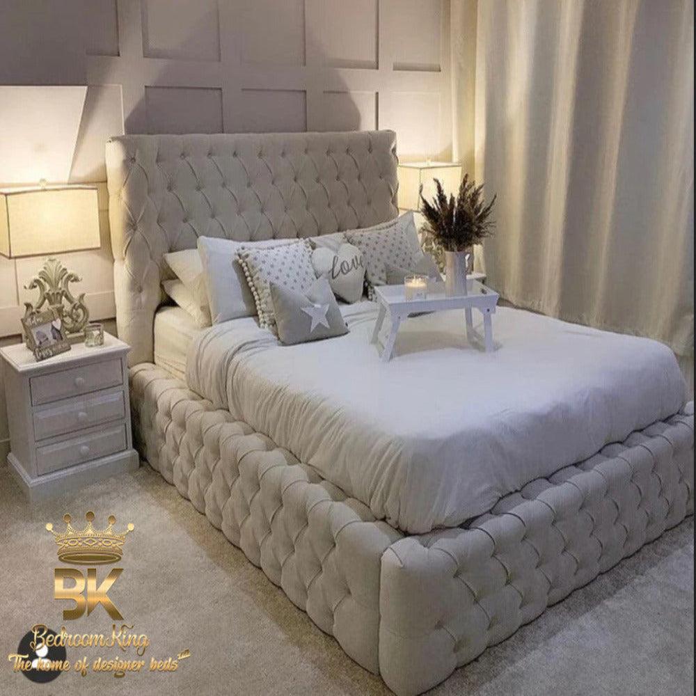Chesterfield bed frame with high headboard in cream chenille