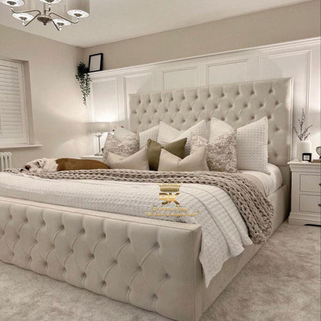 High headboard bed frame with storage in cream plush velvet 