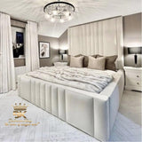 Grand bed frame with tall headboard in cream plush velvet