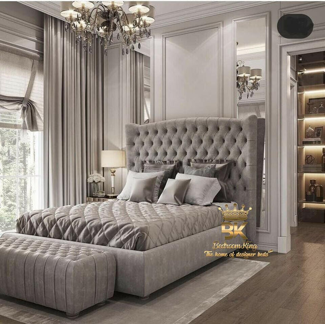 Luxury tall wingback bed frame in silver naples