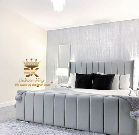Luxury wingback headboard bed frame in silver plush velvet