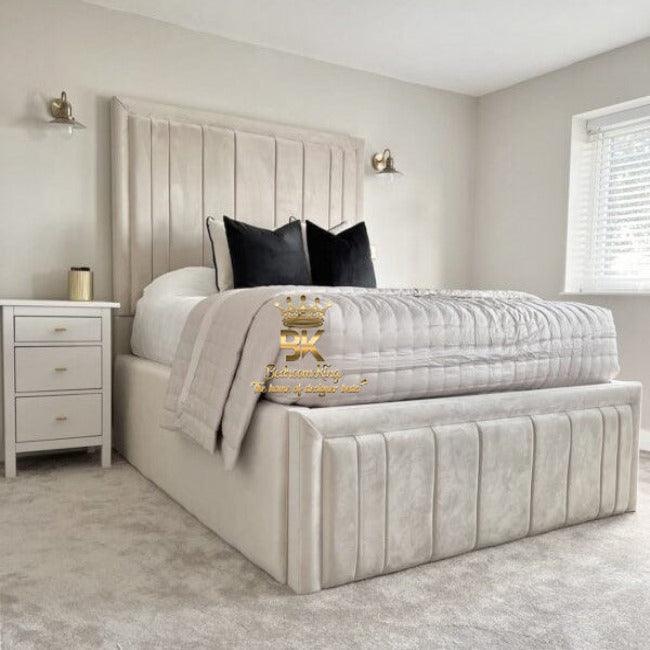 High headboard  bespoke bed frame in cream plush velvet