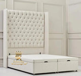 Wingback storage bed frame with tall headboard in cream plush velvet 