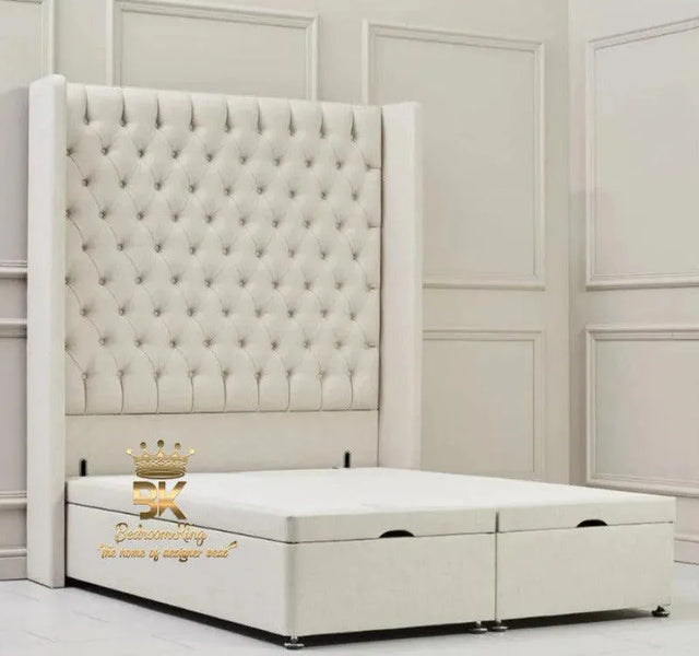 Wingback storage bed frame with tall headboard in cream plush velvet 