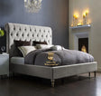 Sleigh bed frame with high headboard in silver plush velvet