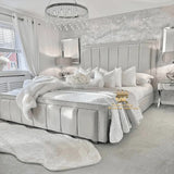 Tall headboard bed frame in silver plush velvet 