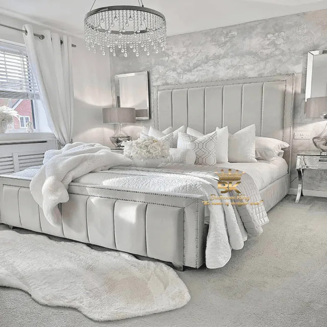 Tall headboard bed frame in silver plush velvet 