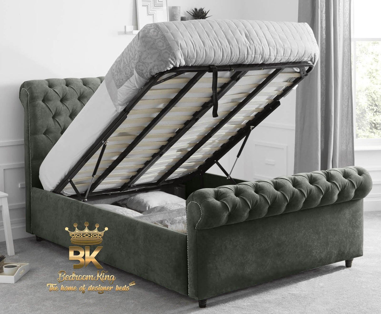 Sleigh ottoman storage bed frame in grey plush velvet