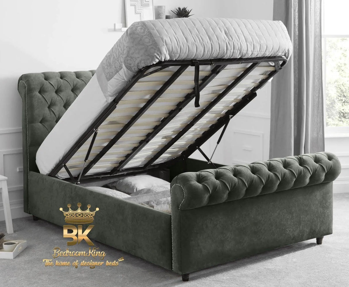 Parker Sleigh Ottoman Storage Fabric Bed Frame - Bedroomking