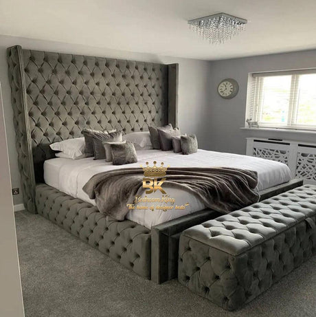 Luxury tall wingback bed frame in grey plush velvet