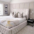 Bed frame with high headboard in silver plush velvet