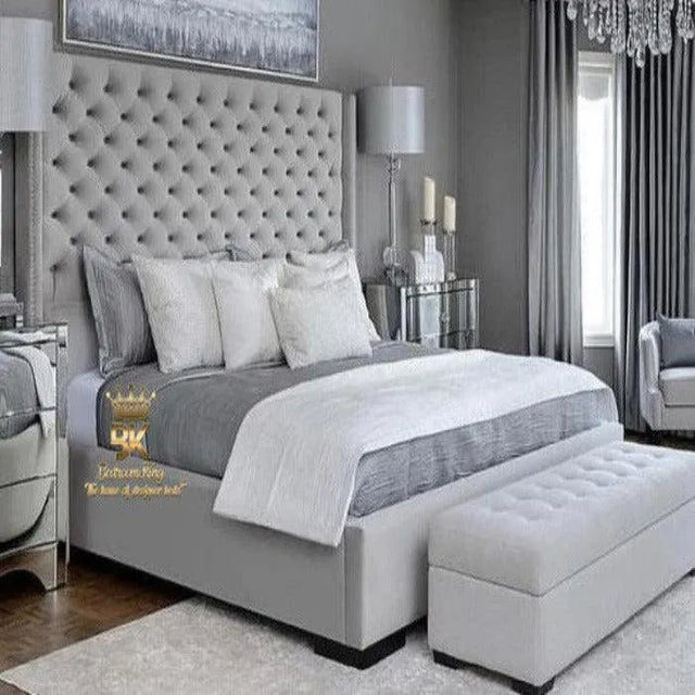Luxury wingback bed frame in silver plush velvet 