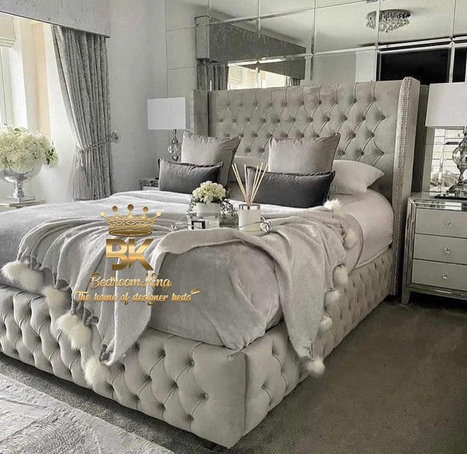 Luxury chesterfield wingback bed frame with high headboard in silver plush velvet