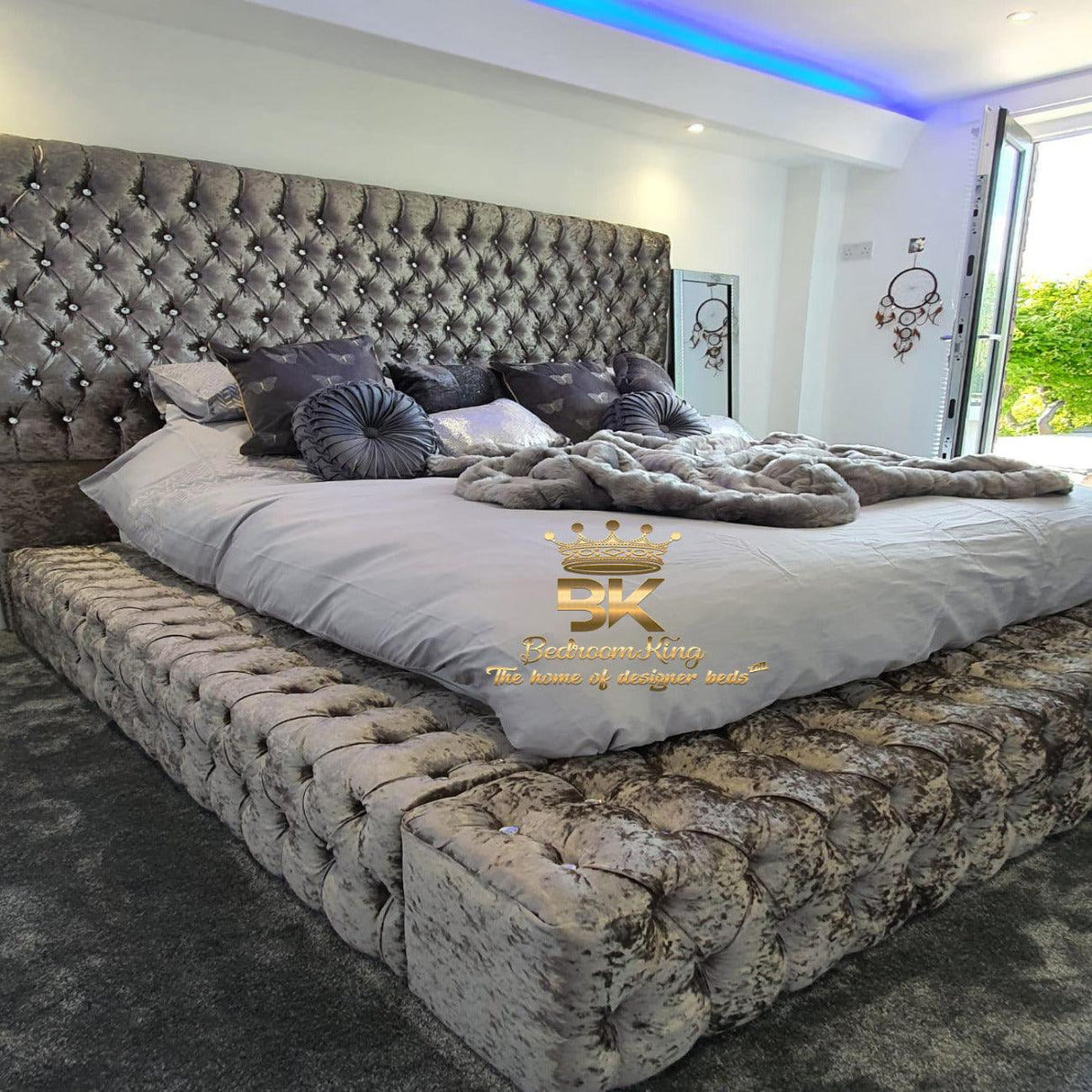 High headboard ambassador bed frame in deep grey crushed velvet