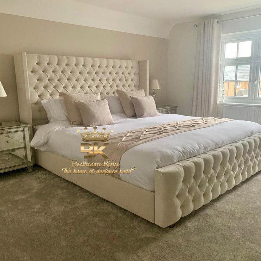 High wingback bed frame in cream plush velvet 