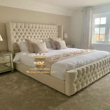 High wingback bed frame in cream plush velvet 