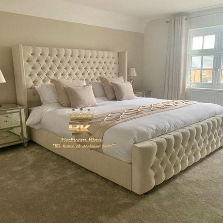 High wingback bed frame in cream plush velvet 