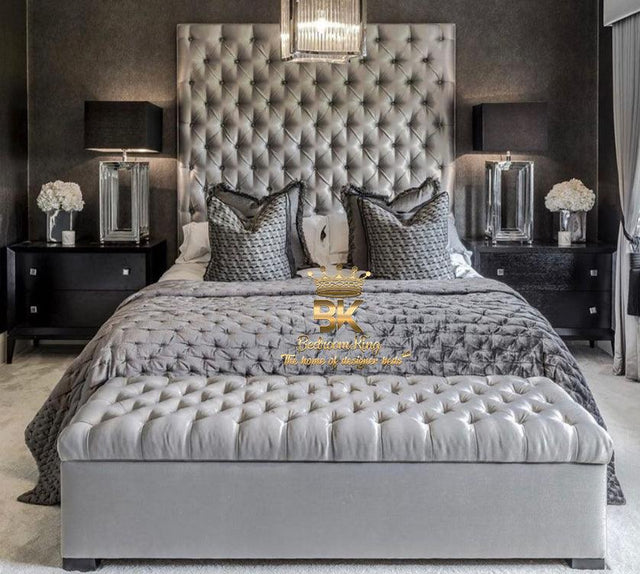 Bed frame with tall chesterfield headboard in silver plush velvet