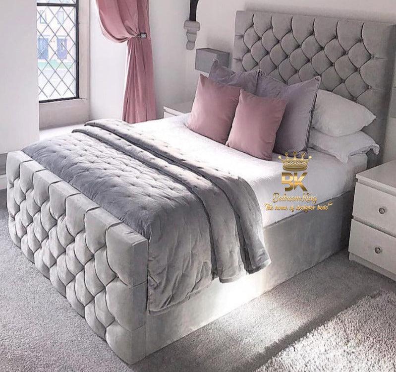 Chesterfield bed frame in silver plush velvet