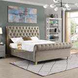 Chesterfield sleigh bed frame in mink plush velvet