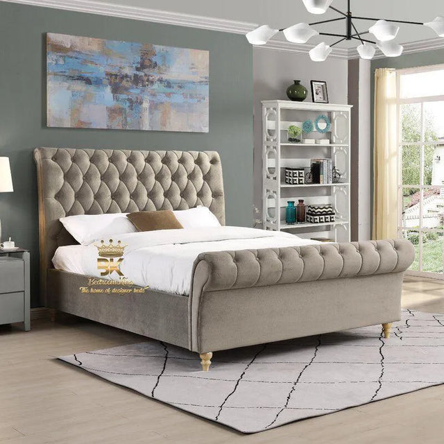 Chesterfield sleigh bed frame in mink plush velvet
