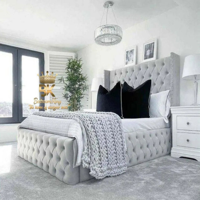 Wingback storage bed frame with tall headboard in silver plush velvet 