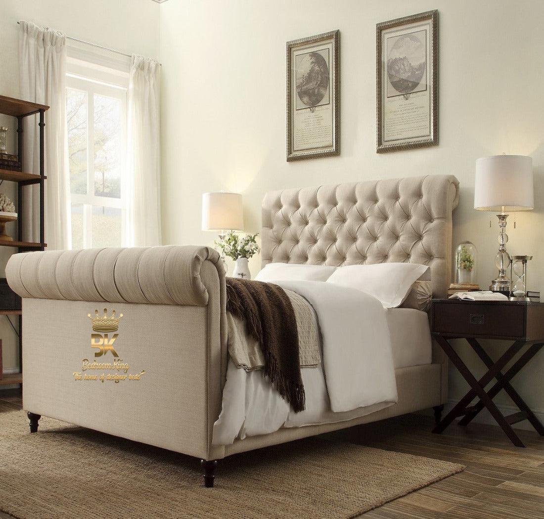 Scroll sleigh bed frame with ottoman storage in cream naples 