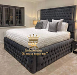Tall headboard chesterfield bed frame in slate plush velvet