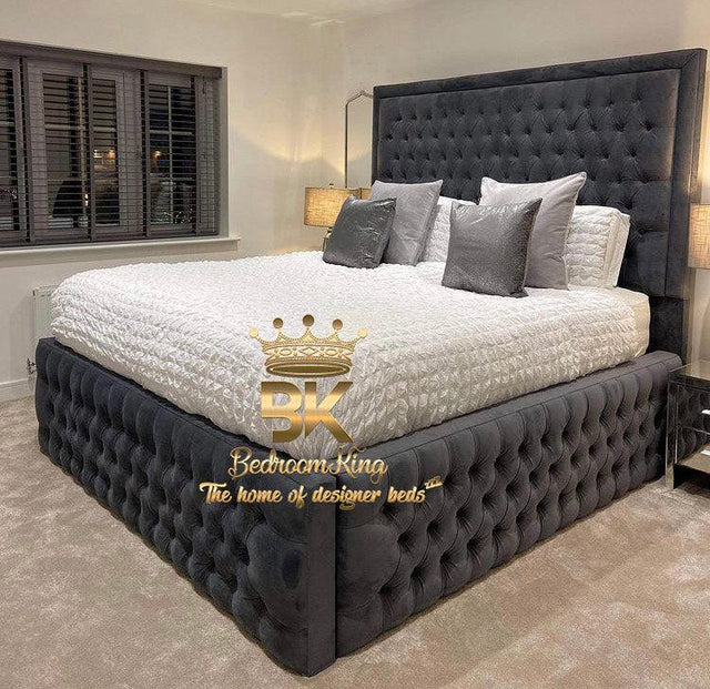 Tall headboard chesterfield bed frame in slate plush velvet