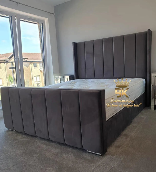 Wingback headboard with storage bed frame in slate plush velvet