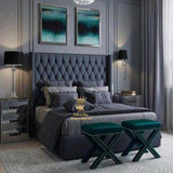 Bed frame with tall wingback headboard in slate plush velvet